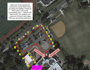 Aerial photo taken of school grounds showing parade route