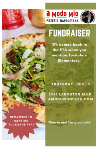 Picture of pizza and info about a fundraiser