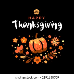 Black background with pumpkins and a happy thanksgiving message.