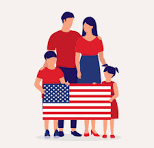 Cartoon family holding american flag