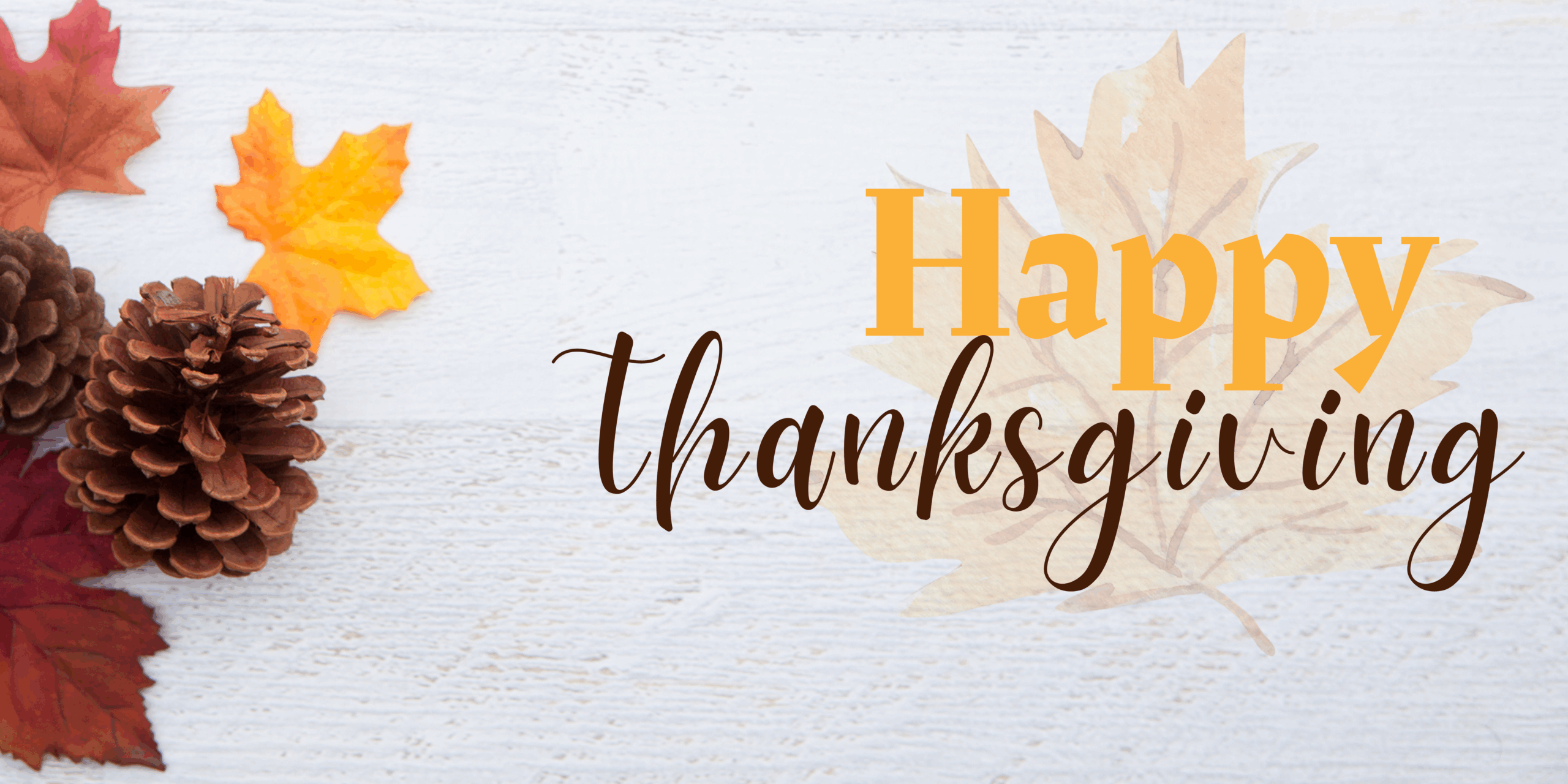Happy Thanksgiving meaasge with pinecones and leaves