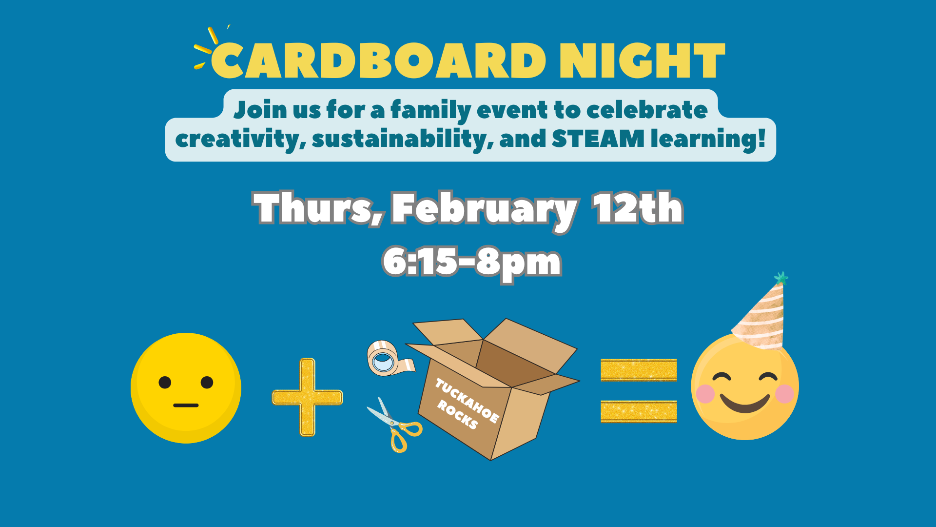 Blue image with smileys and a cardboard box